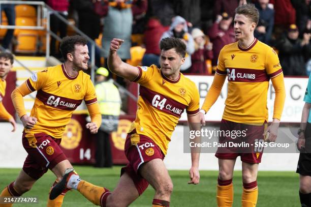Shane Blaney celebrates after scoring to make it 1-1 during a cinch Premiership match between Motherwell and Hibernian at Fir Park, on April 13 in...