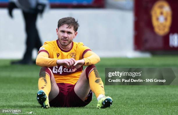 Motherwell's Sam Nicholson at Full Time during a cinch Premiership match between Motherwell and Hibernian at Fir Park, on April 13 in Motherwell,...