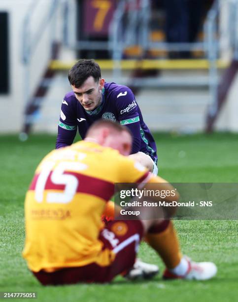 Hibs Dylan Levvit at Full Time during a cinch Premiership match between Motherwell and Hibernian at Fir Park, on April 13 in Motherwell, Scotland.