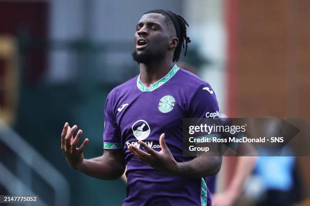 Hibs Rocky Bushiri at Full Time during a cinch Premiership match between Motherwell and Hibernian at Fir Park, on April 13 in Motherwell, Scotland.