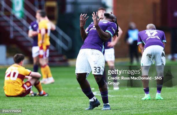 Hibs Rocky Bushiri at Full Time during a cinch Premiership match between Motherwell and Hibernian at Fir Park, on April 13 in Motherwell, Scotland.