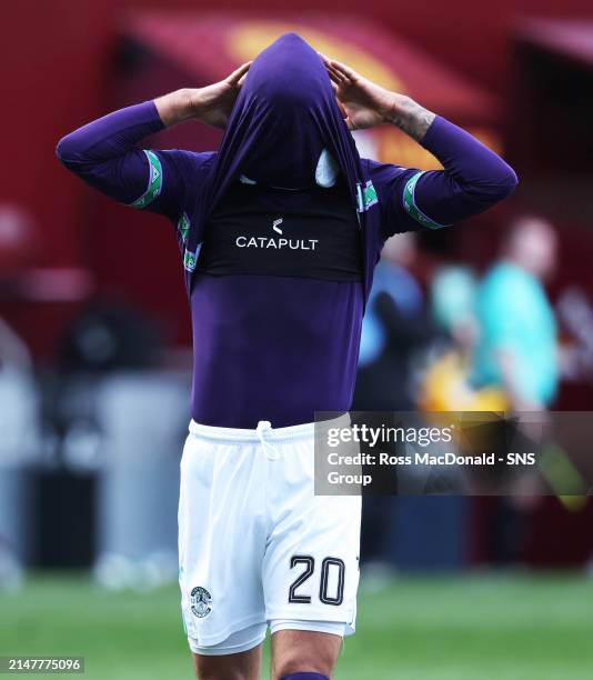 Hibs Emiliano Marcondes at Full Time during a cinch Premiership match between Motherwell and Hibernian at Fir Park, on April 13 in Motherwell,...