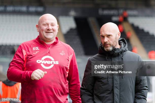 Kristian O'Leary, first team coach and Swansea City manager Luke Williams arrive prior to the game during the Sky Bet Championship match between...