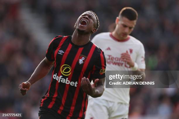 Bournemouth's Colombian midfielder Luis Sinisterra reacts after missing a chance during the English Premier League football match between Bournemouth...