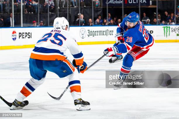 Chris Kreider of the New York Rangers shoots the puck against the New York Islanders at Madison Square Garden on April 13, 2024 in New York City.