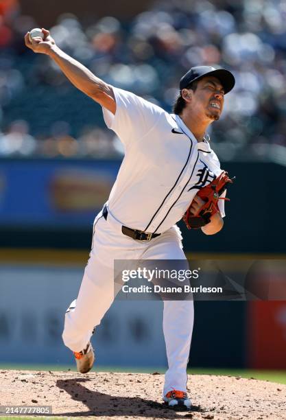 Kenta Maeda of the Detroit Tigers pitches against the Minnesota Twins during the third inning of game one of a double header at Comerica Park on...