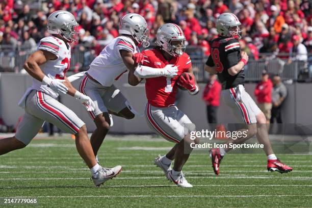 Ohio State Buckeyes running back Quinshon Judkins runs with the ball during the Ohio State Spring Game at Ohio Stadium in Columbus, Ohio on April 13,...