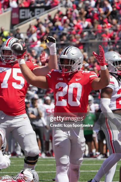 Ohio State Buckeyes running back James Peoples celebrates a touchdown during the Ohio State Spring Game at Ohio Stadium in Columbus, Ohio on April...