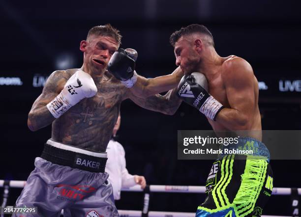 Michel Gomez jr. And Kane Baker during their English Super Featherweight Title contest at AO Arena on April 13, 2024 in Manchester, England.