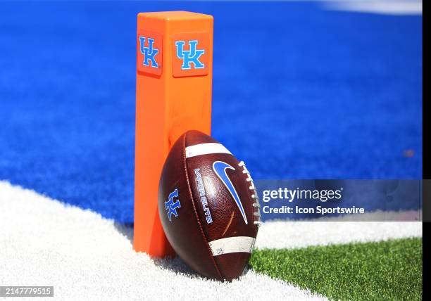 Football rests against a pylon in the Kentucky Wildcats' 2024 spring game on April 13 at Kroger Field in Lexington, KY.