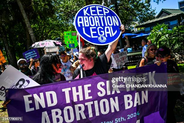 Pro-abortion rights activists participate in the "Rally for Our Freedom" to protect abortion rights for Floridians, in Orlando, Florida, on April 13,...