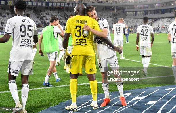 Johny Placide of Bastia and Tom Ducrocq of Bastia during the Ligue 2 BKT match between Bordeaux and Bastia at Matmut Atlantique on April 13, 2024 in...