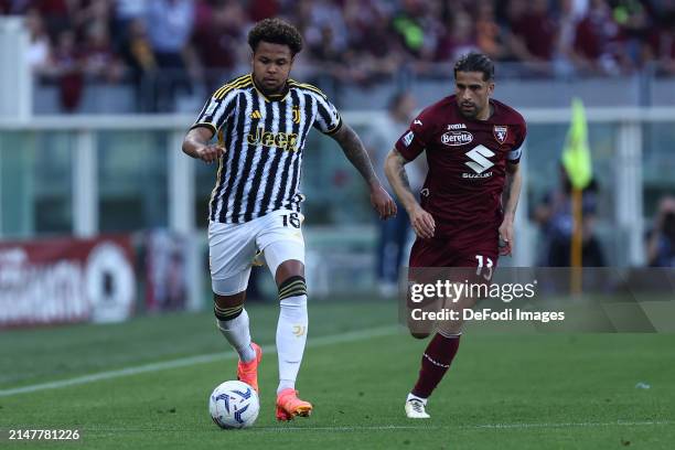 Weston Mckennie of Juventus Fc controls the ball during the Serie A TIM match between Torino FC and Juventus at Stadio Olimpico di Torino on April...