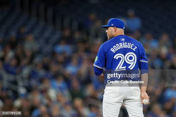 Yariel Rodriguez of the Toronto Blue Jays pitches in the second inning of his MLB debut against the Colorado Rockies at Rogers Centre on April 13,...
