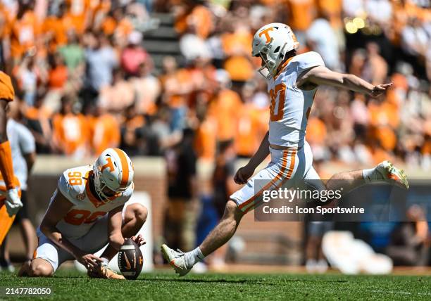 Tennessee Volunteers place kicker Max Gilbert kicks the ball during the Tennessee Volunteers Spring Game on April 2024 at Neyland Stadium in...