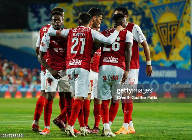 Alvaro Djalo of SC Braga celebrates with teammates after scoring a goal during the Liga Portugal Betclic match between GD Estoril Praia and SC Braga...