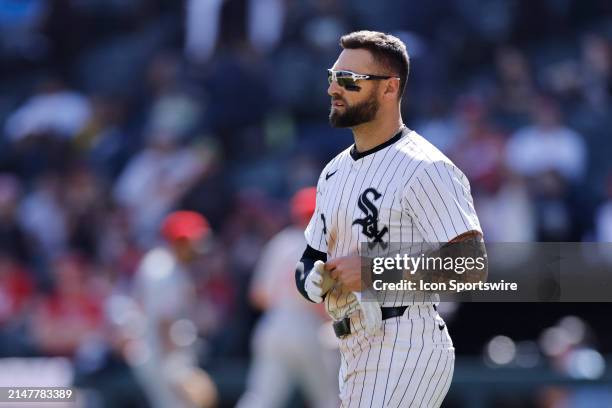 Chicago White Sox outfielder Kevin Pillar reacts after striking out during an MLB game against the Cincinnati Reds on April 13, 2024 at Guaranteed...