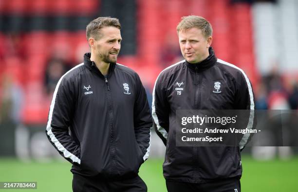 Lincoln City's assistant head coach Chris Cohen, left, and Lincoln City's assistant head coach Tom Shaw during the pre-match warm-up prior to the Sky...