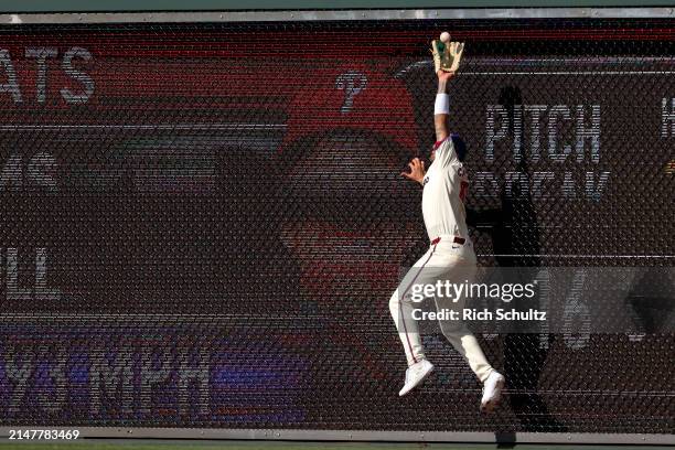 Right fielder Nick Castellanos of the Philadelphia Phillies makes a catch on a ball hit by Alika Williams of the Pittsburgh Pirates during the third...