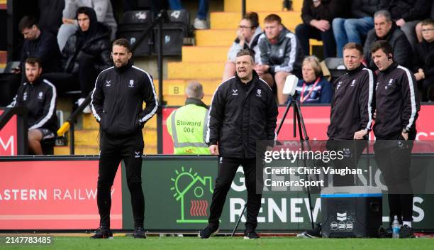 From left, Lincoln City's assistant head coach Chris Cohen, Lincoln City head coach Michael Skubala, Lincoln City's assistant head coach Tom Shaw and...