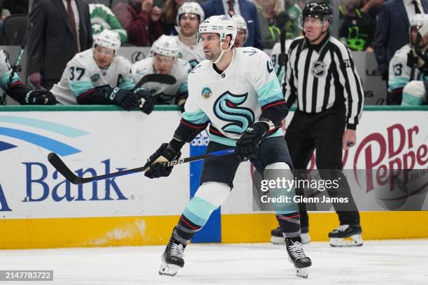 Justin Schultz of the Seattle Kraken skates against the Dallas Stars at the American Airlines Center on April 13, 2024 in Dallas, Texas.