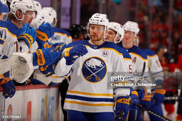 Tyson Jost of the Buffalo Sabres celebrates his goal with teammates against the Florida Panthers at the Amerant Bank Arena on April 13, 2024 in...