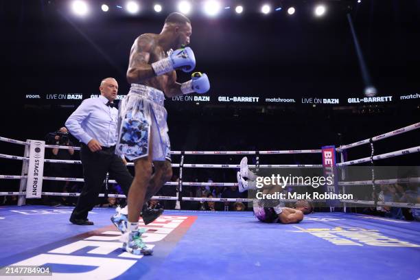 Jordan Gill and Zelfa Barrett during their WBA International Super Featherweight Title Contest at AO Arena on April 13, 2024 in Manchester, England.