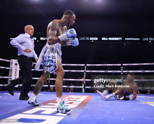 Jordan Gill and Zelfa Barrett during their WBA International Super Featherweight Title Contest at AO Arena on April 13, 2024 in Manchester, England.