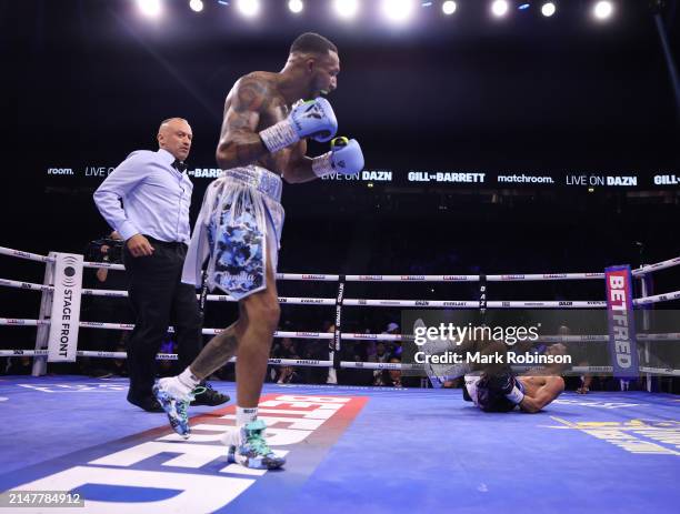 Jordan Gill and Zelfa Barrett during their WBA International Super Featherweight Title Contest at AO Arena on April 13, 2024 in Manchester, England.