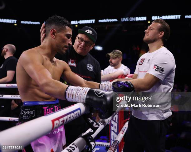 Jordan Gill loses his WBA International Super Featherweight Title Contest against Zelfa Barrett at AO Arena on April 13, 2024 in Manchester, England.