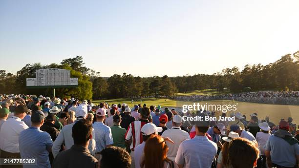 View of the patrons around the 18th green during the third round of Masters Tournament at Augusta National Golf Club on April 13, 2024 in Augusta,...