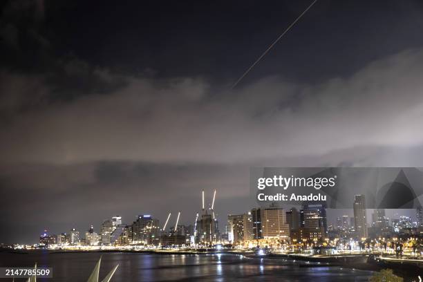 Explosions are seen in the skies of the capital, following the attack from Iran in Tel Aviv, Israel on April 14, 2024.