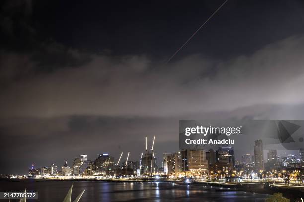 Explosions are seen in the skies of the capital, following the attack from Iran in Tel Aviv, Israel on April 14, 2024.