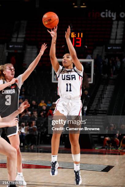 Kennedy Smith of Team USA shoots the ball during the game against Team World during the 2024 Nike Hoop Summit on April 13, 2024 at the Moda Center...