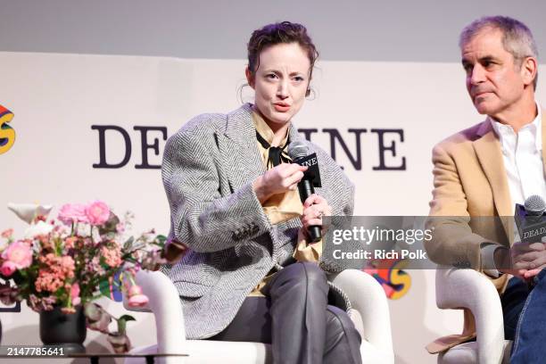 Andrea Riseborough and Victor Levin speak on a panel for "Alice and Jack" at Deadline Contenders Television 2024 held at the Directors Guild of...