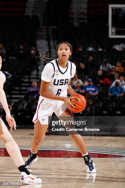 Kendall Dudley of Team USA looks to pass the ball during the game against Team World during the 2024 Nike Hoop Summit on April 13, 2024 at the Moda...