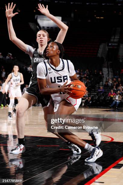 Joyce Edwards of Team USA drives to the basket during the game against Team World during the 2024 Nike Hoop Summit on April 13, 2024 at the Moda...