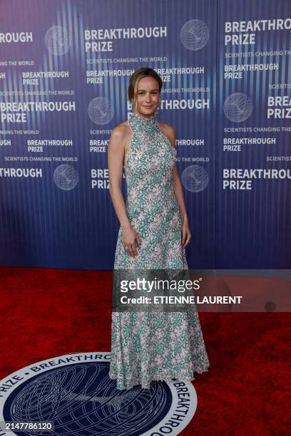 Actress Brie Larson arrives at the Tenth Breakthrough Prize Ceremony at the Academy Museum of Motion Pictures in Los Angeles, California, on April...