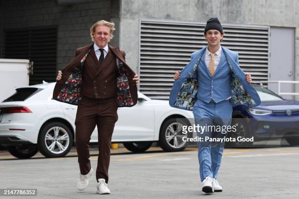 Fabian Zetterlund and William Eklund of the San Jose Sharks arrive before a game against the Minnesota Wild at SAP Center on April 13, 2024 in San...