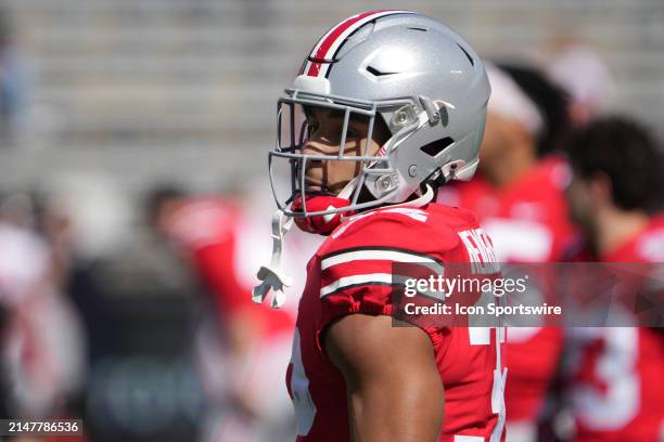 Ohio State Buckeyes running back TreVeyon Henderson warms up before the Ohio State Spring Game at Ohio Stadium in Columbus, Ohio on April 13, 2024.