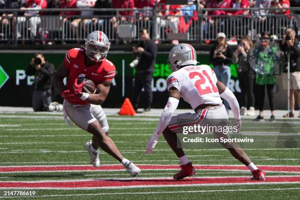 Ohio State Buckeyes running back Quinshon Judkins carries the ball the Ohio State Spring Game at Ohio Stadium in Columbus, Ohio on April 13, 2024.