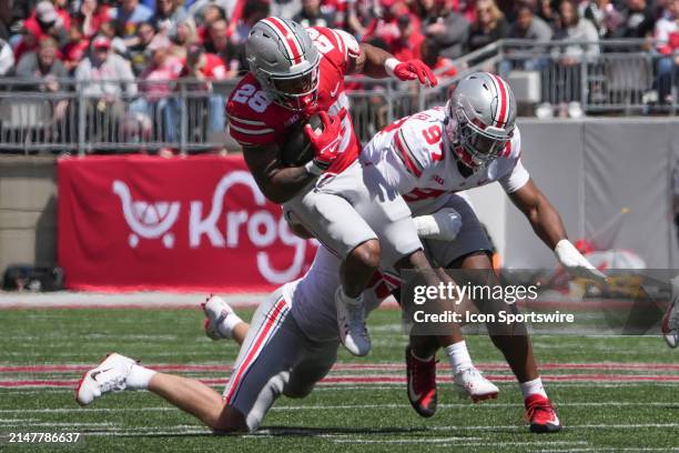 Ohio State Buckeyes running back TC Coffey carries the ball during the Ohio State Spring Game at Ohio Stadium in Columbus, Ohio on April 13, 2024.