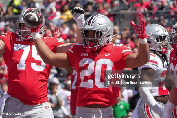 Ohio State Buckeyes running back James Peoples celebrates a touchdown during the Ohio State Spring Game at Ohio Stadium in Columbus, Ohio on April...