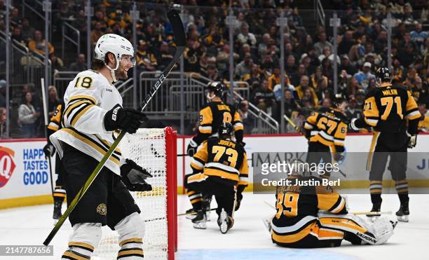 Pavel Zacha of the Boston Bruins celebrates after scoring a goal in the second period during the game against the Pittsburgh Penguins at PPG PAINTS...