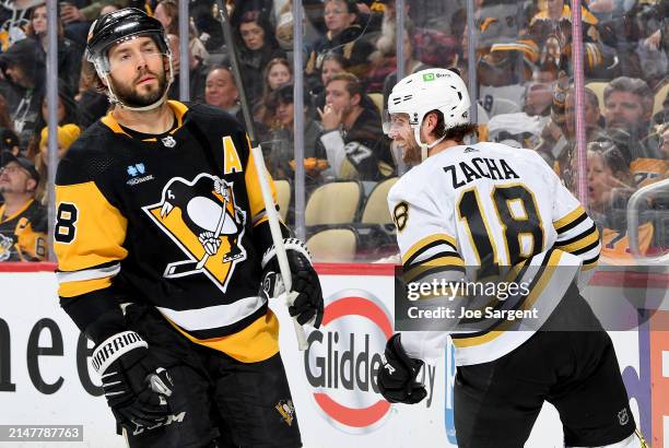 Pavel Zacha of the Boston Bruins celebrates his second period goal against the Pittsburgh Penguins at PPG PAINTS Arena on April 13, 2024 in...