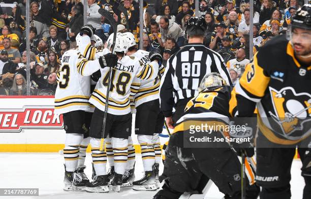 Pavel Zacha of the Boston Bruins celebrates his second period goal against the Pittsburgh Penguins at PPG PAINTS Arena on April 13, 2024 in...