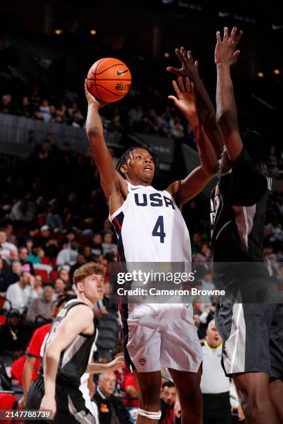 Airious Bailey of Team USA drives to the basket during the game against Team World during the 2024 Nike Hoop Summit on April 13, 2024 at the Moda...