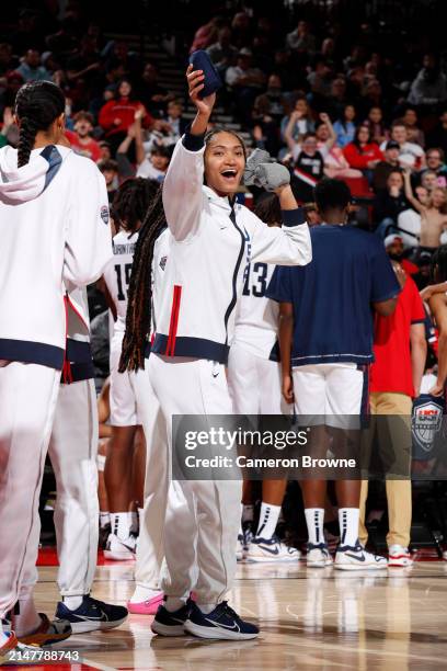 Kendall Dudley of Team USA smiles during the 2024 Nike Hoop Summit on April 13, 2024 at the Moda Center Arena in Portland, Oregon. NOTE TO USER: User...