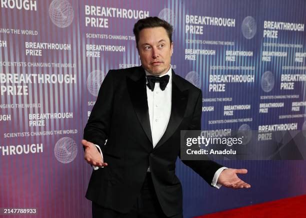 Elon Musk poses at the red carpet before the 2024 Breakthrough Prize Awards and Ceremony at the Academy Museum of Motion Pictures in Los Angeles,...