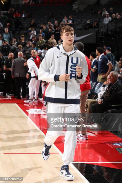 Cooper Flagg of Team USA is introduced before the game against Team World during the 2024 Nike Hoop Summit on April 13, 2024 at the Moda Center Arena...